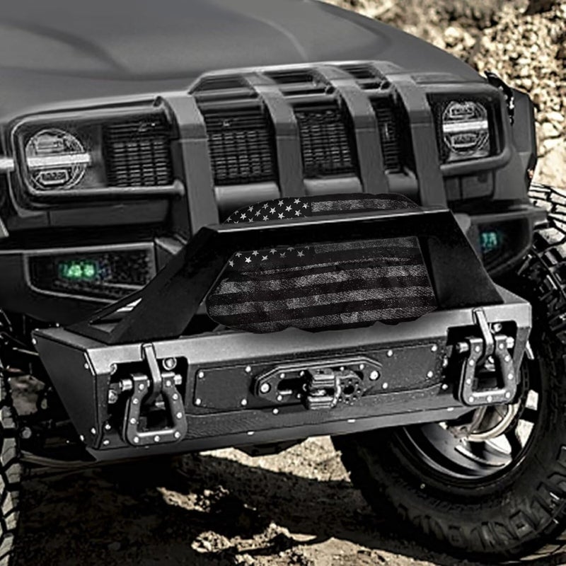 Mintulipy Gray Camo American Flag Winch Cover Universal Winch Protection Cover, Dust-Proof Winch Protective Cover for Indoor Outdoor 8500-17500 lbs - Image 3
